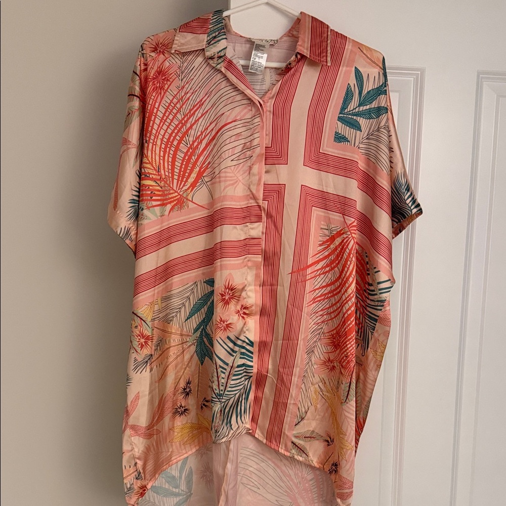 Free People Coral and Teal Silk Shirt